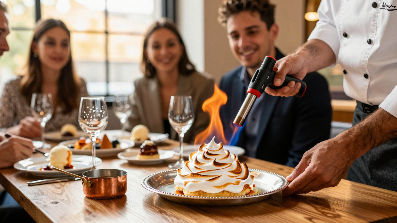 Chef a queimar sobremesa com maçarico à mesa enquanto quatro pessoas observam sorrindo.