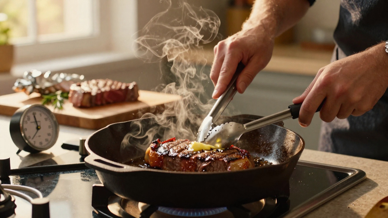 Mão a cozinhar um bife na frigideira com manteiga a derreter e vapor a subir.