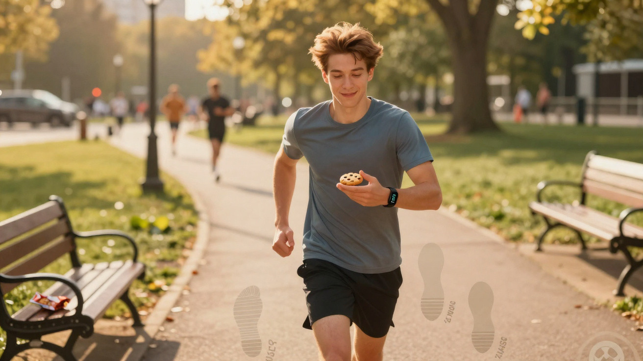 Jovem a correr num parque com roupa desportiva, segurando uma pequena tarte nas mãos num dia solarengo.