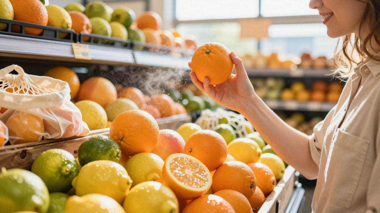 Mulher a escolher uma laranja fresca numa banca de frutas num mercado bem iluminado.