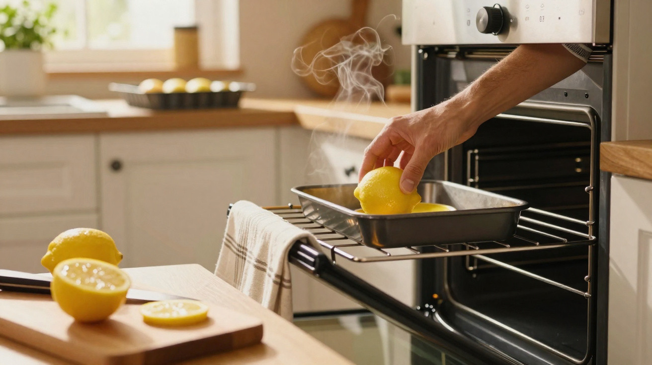 Pessoa a colocar limões num tabuleiro quente, com vapor a sair do forno numa cozinha moderna.