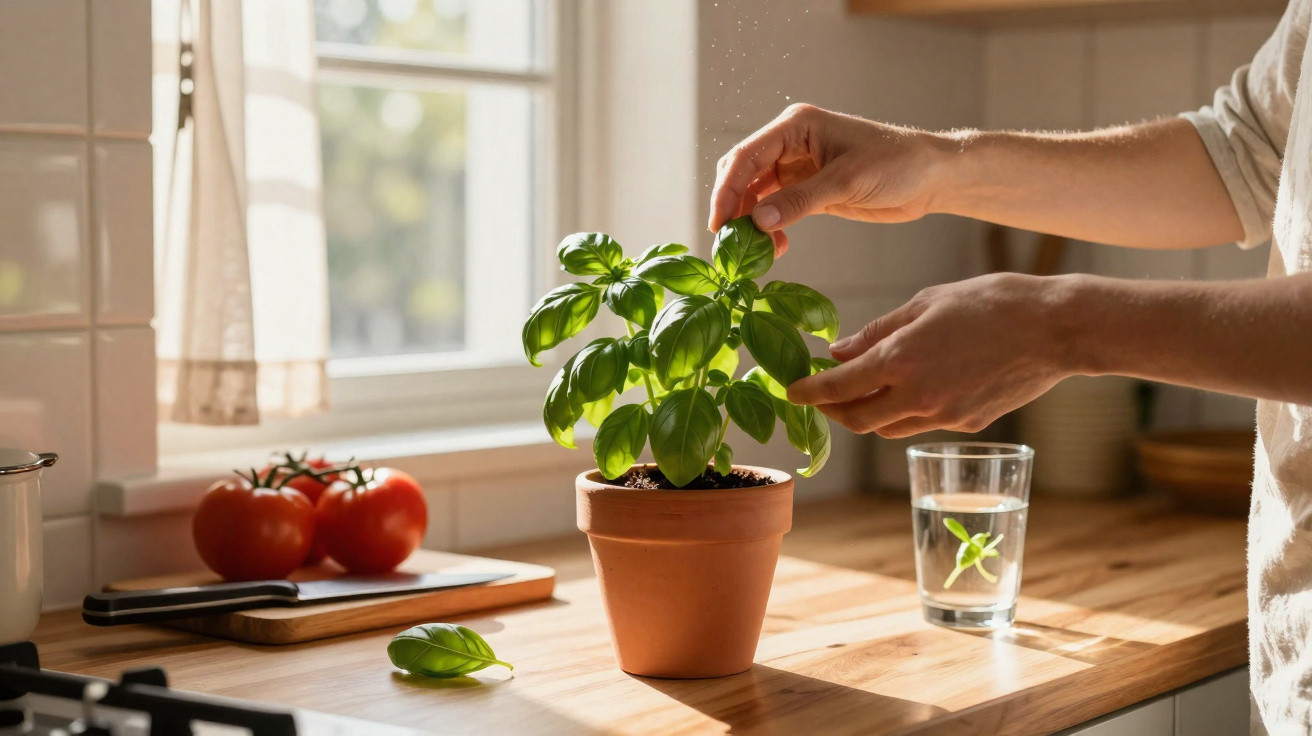 Mãos colhendo folhas frescas de manjericão numa cozinha iluminada, com tomates e copo de água ao fundo.