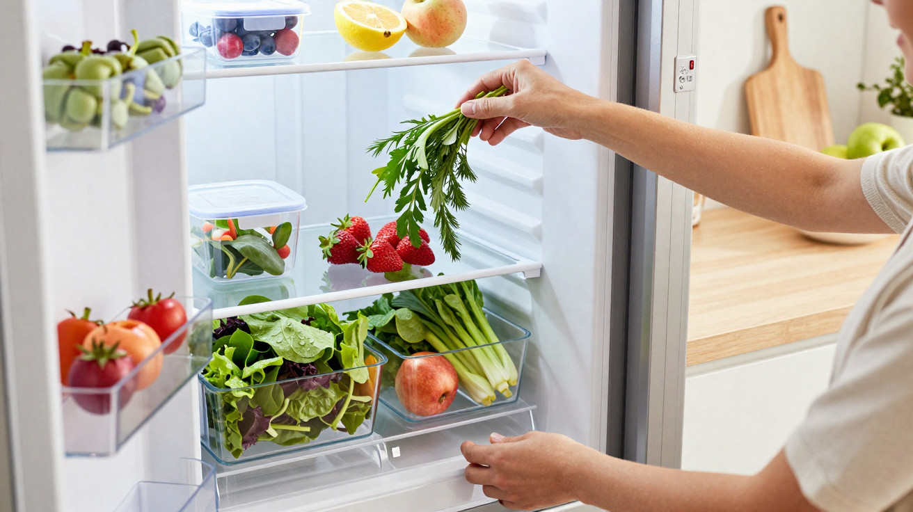 Mão a guardar legumes frescos numa caixa numa frigorífico organizado com frutas e verduras.