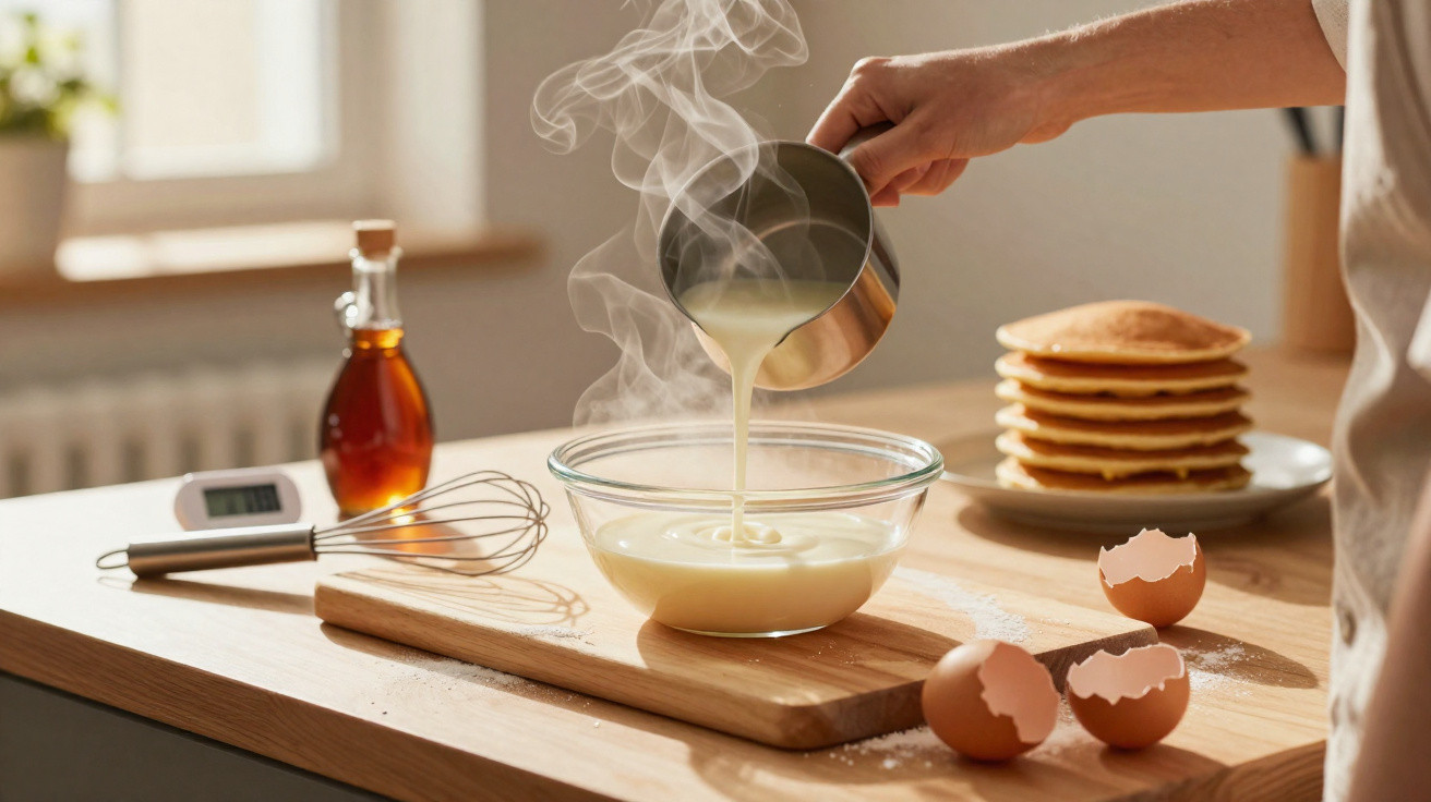 Massa quente a ser vertida numa taça de vidro, com panquecas, ovos partidos e utensílios na bancada de cozinha.
