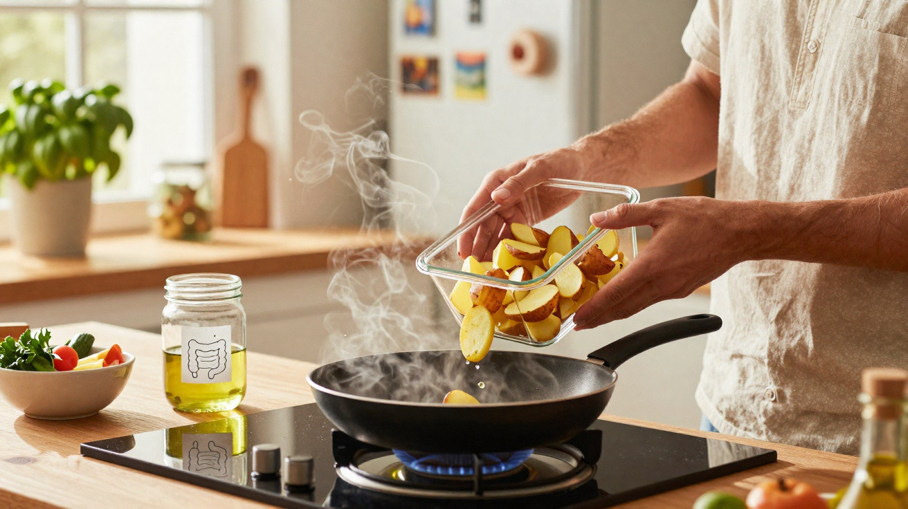 Pessoa a cozinhar batatas numa frigideira a gás numa cozinha bem iluminada.