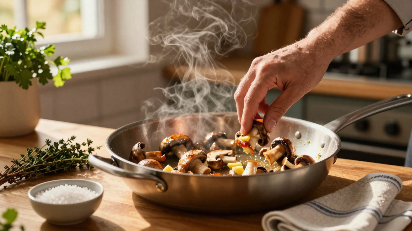 Mão a temperar cogumelos a cozinhar numa frigideira com ervas e sal no balcão de cozinha.