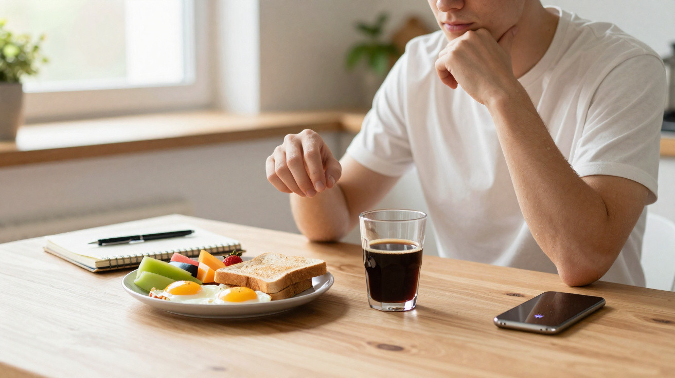 Pessoa a preparar-se para comer ao pequeno-almoço com ovos, fruta, tostas, café e telemóvel numa mesa de madeira.