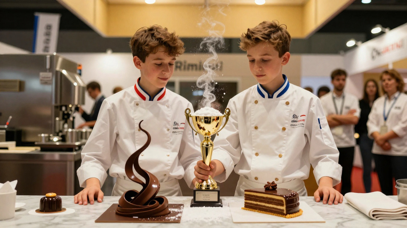 Dois jovens chefs de branco seguram um troféu numa mesa com sobremesas de chocolate elaboradas.