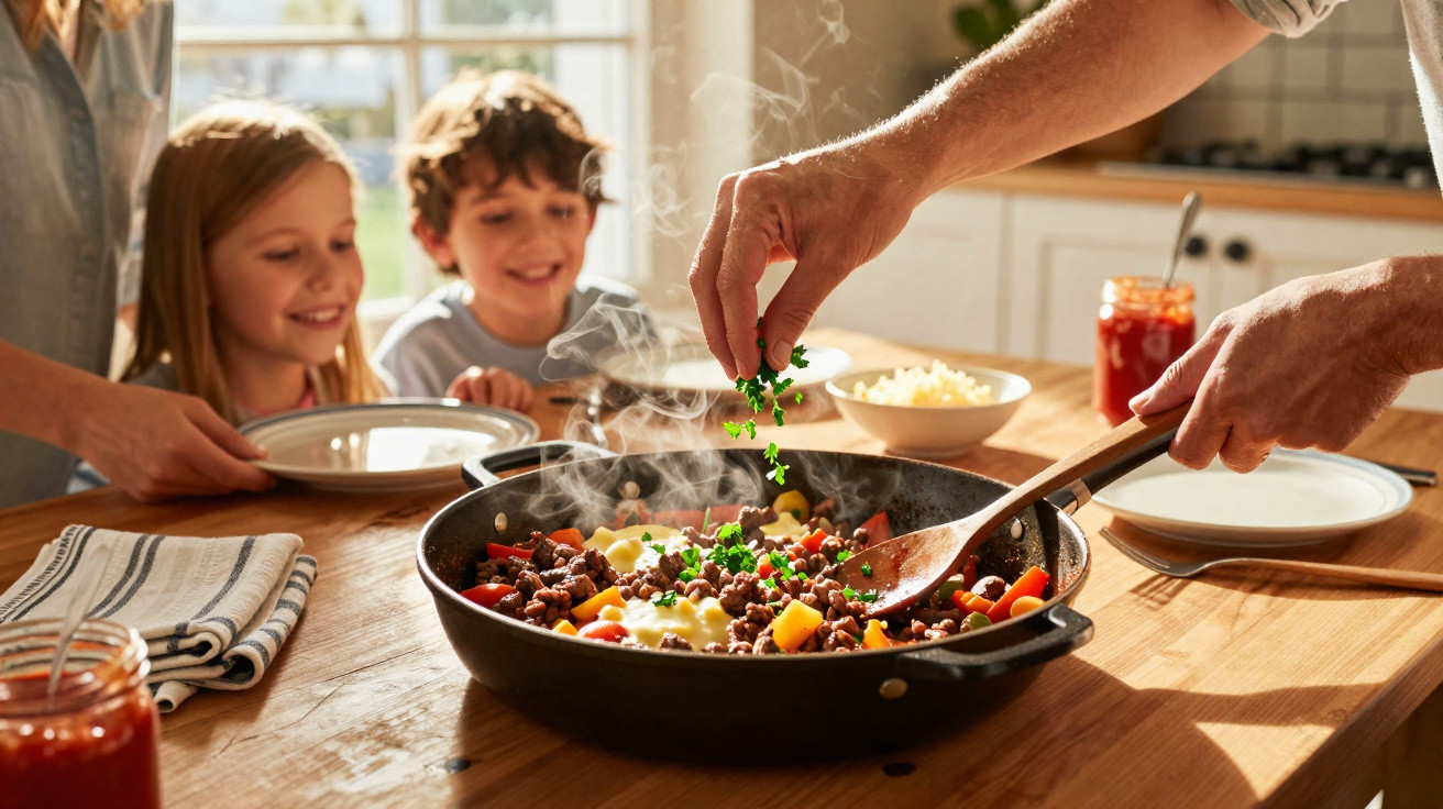 Mãos a temperar prato fumegante com carne e legumes, enquanto crianças esperam animadas à mesa de madeira.