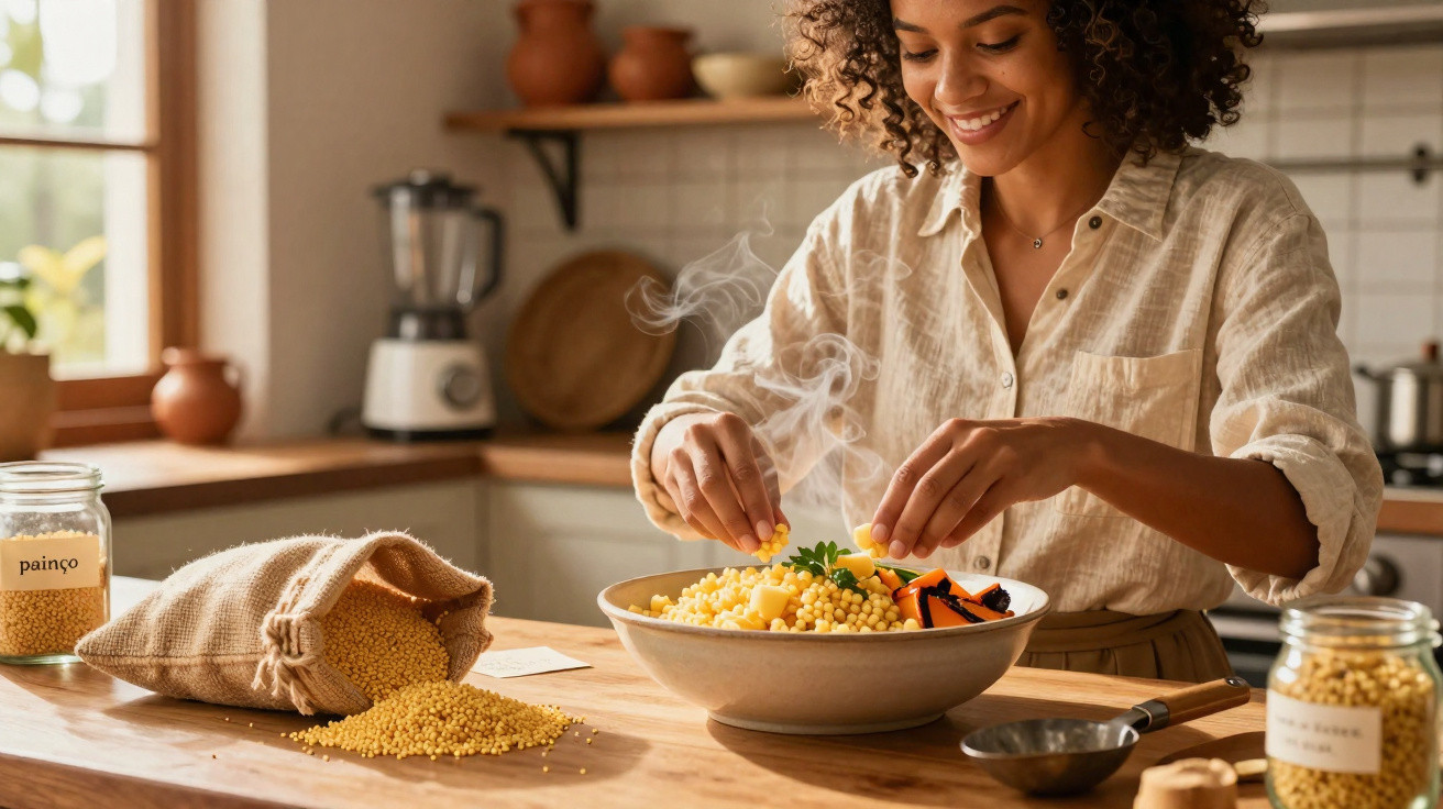 Mulher a preparar refeição quente com painço numa cozinha acolhedora e iluminada pela luz natural.