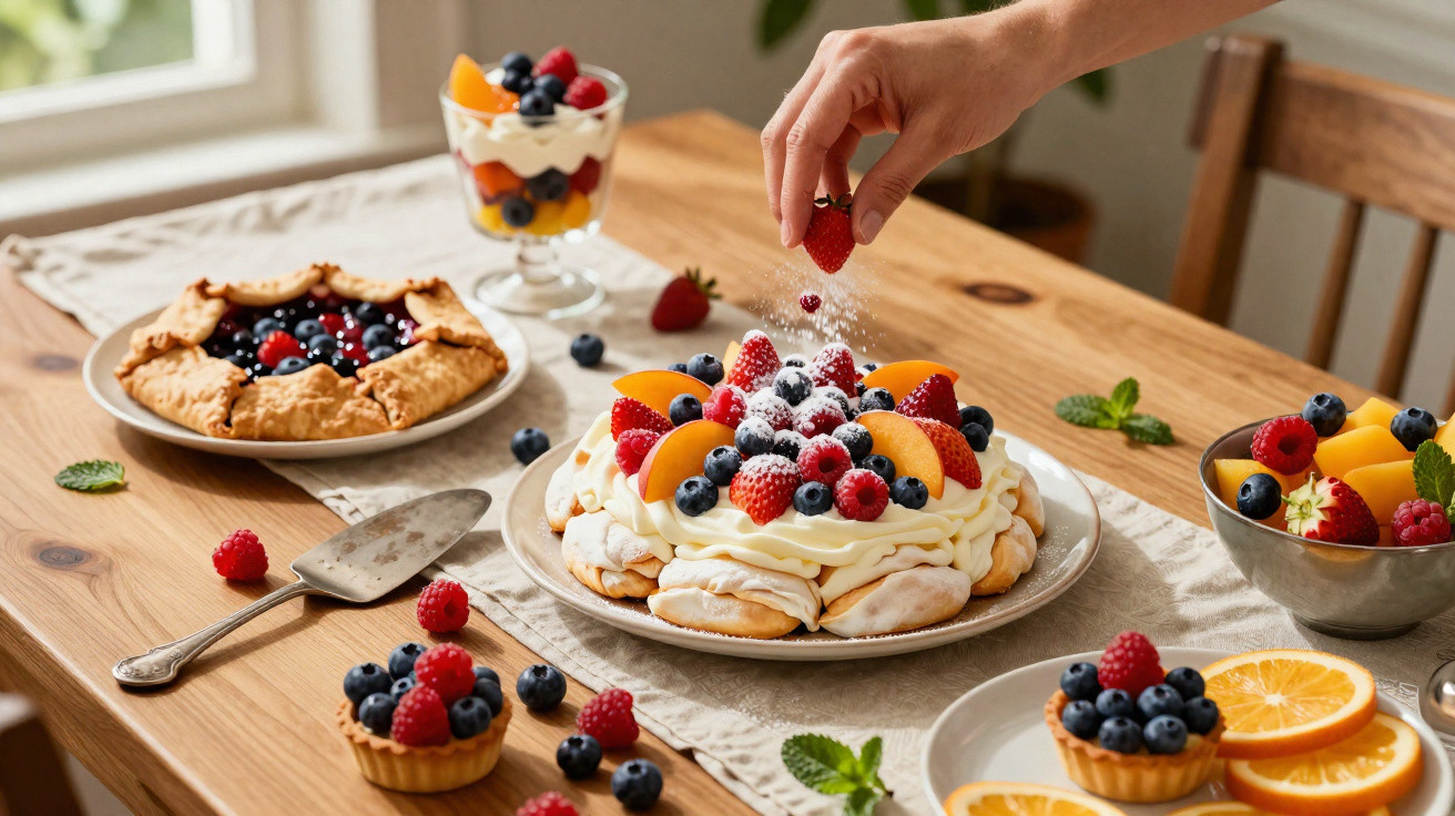 Mesa com sobremesas variadas de frutos vermelhos, chantilly e fatias de laranja, com mão a polvilhar açúcar.