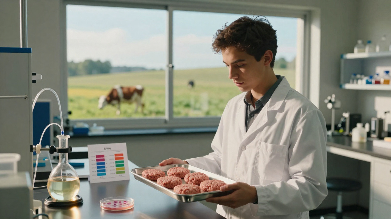 Jovem cientista de bata branca segura bandeja com hambúrgueres de laboratório em laboratório com janela para campo.