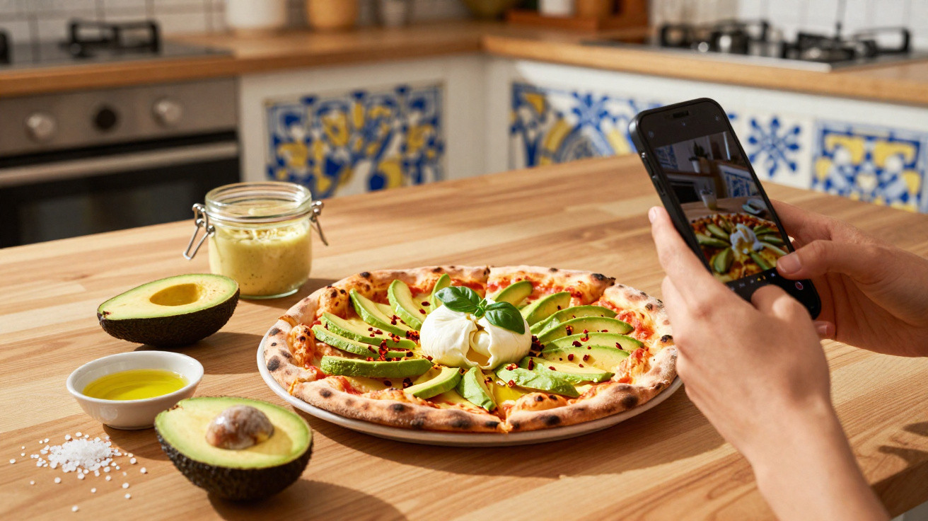 Pizza com abacate e burrata num prato branco em cima de mesa de madeira, com mãos a tirar foto com telemóvel.