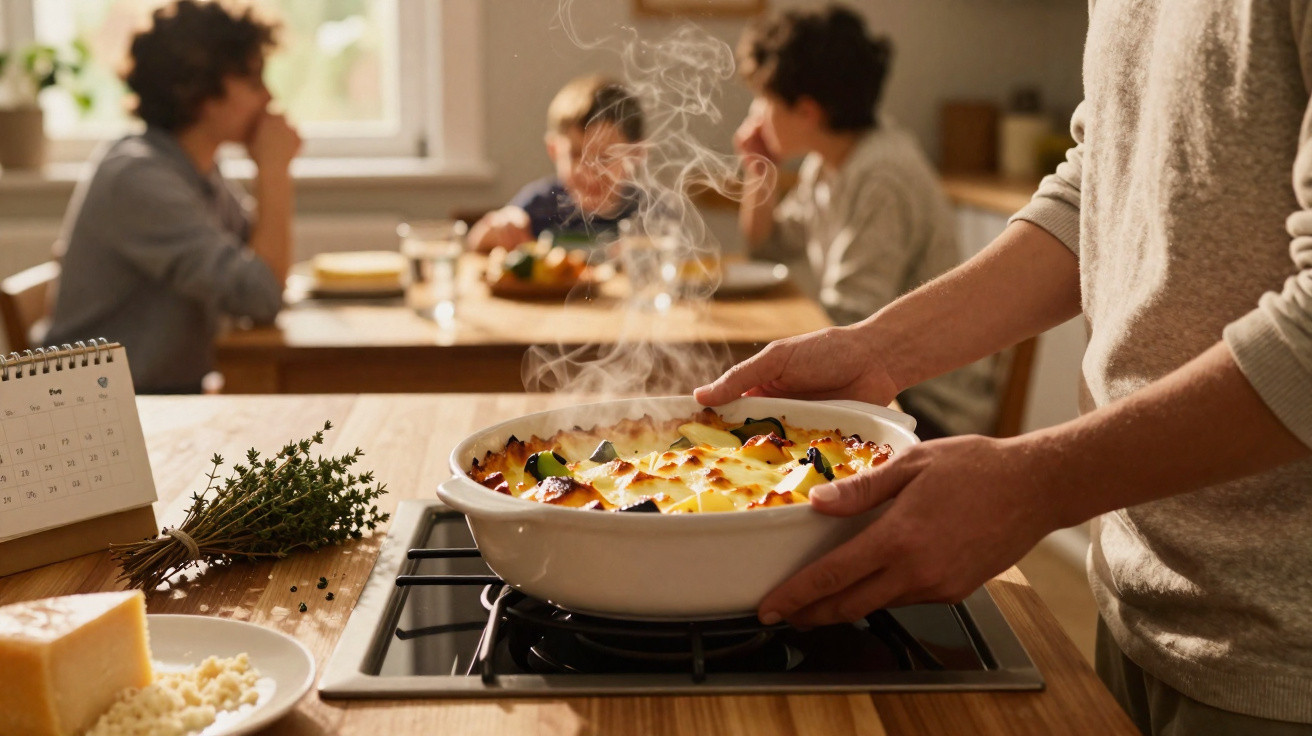 Pessoa a retirar prato fumegante do forno enquanto família conversa à mesa ao fundo.