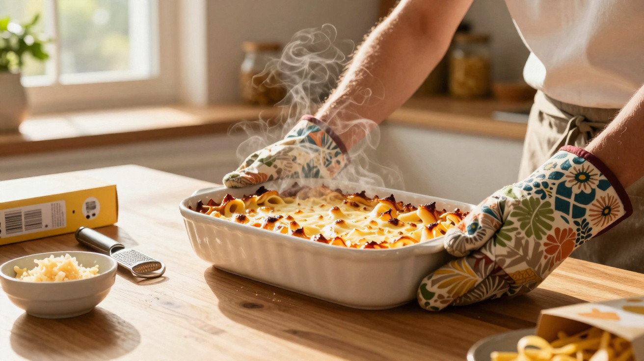 Pessoa com luvas a retirar travessa fumegante de lasanha do forno numa cozinha iluminada.