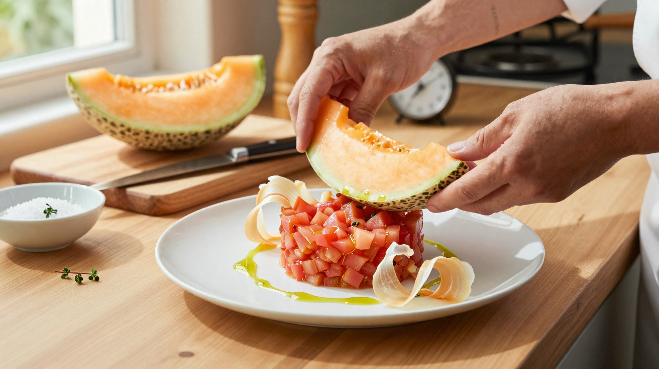 Mãos a colocar fatia de melão sobre prato com tomate picado e decoração de natas numa bancada de madeira.