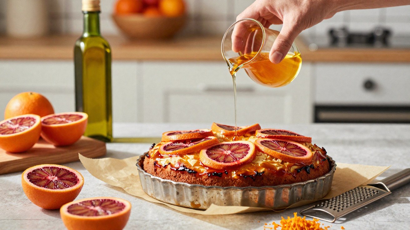 Mão a verter mel sobre tarte decorada com rodelas de laranja sanguínea em cozinha iluminada.