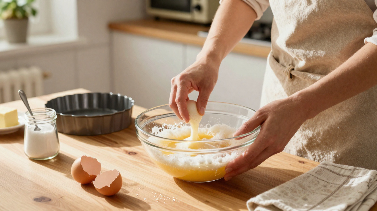 Pessoa a partir ovos numa tigela de vidro numa cozinha luminosa com utensílios e ingredientes na bancada.