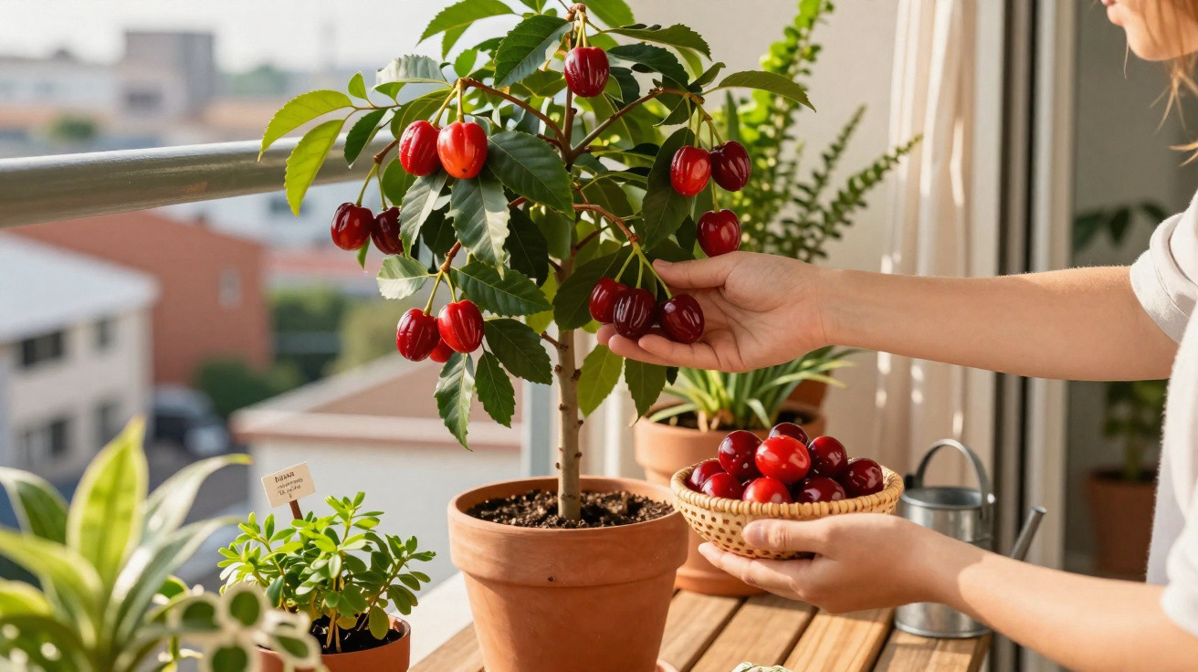Mãos colhendo acerolas vermelhas de árvore em vaso numa varanda com outras plantas.