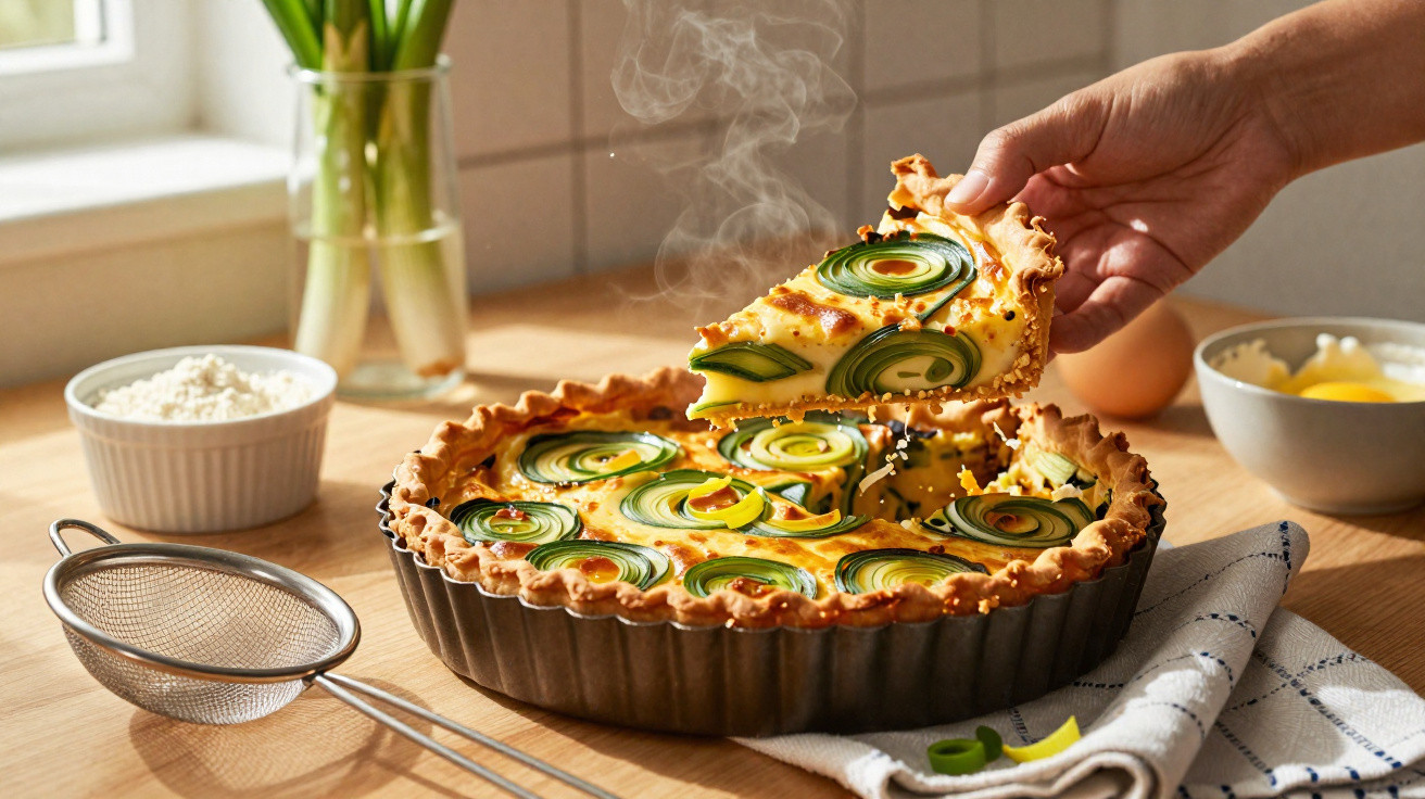 Tarte caseira com rodelas de courgette frescas, acabada de cortar, sobre uma mesa de cozinha iluminada.