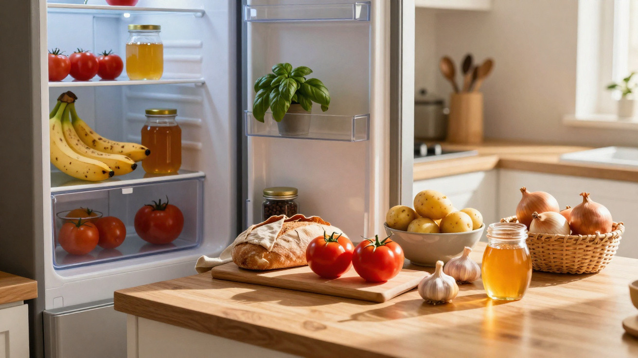 Interior de cozinha com frigorífico aberto, frutas, pão, tomate, batatas, cebolas e um frasco de mel numa bancada.