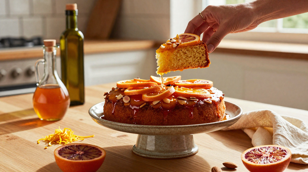 Bolo de laranja decorado com fatias de laranja, amêndoas e mel, sendo retirado um pedaço por uma mão.