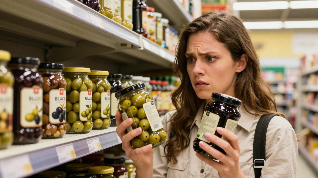 Mulher com expressão confusa compara dois frascos de azeitonas no supermercado.