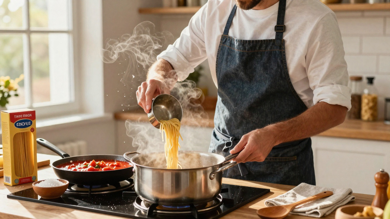 Homem a cozinhar massa numa cozinha com panela a ferver e frigideira com molho de tomate.
