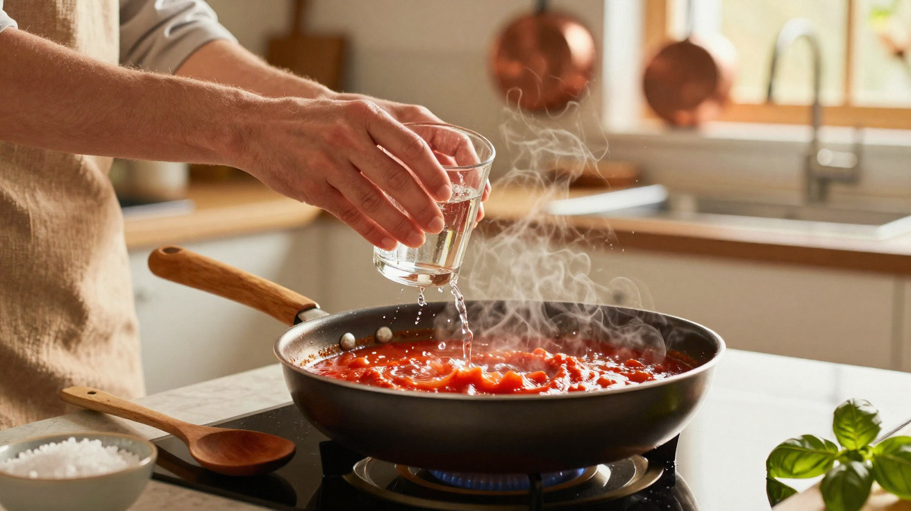 Pessoa a deitar água numa frigideira com molho de tomate a cozinhar num fogão na cozinha.