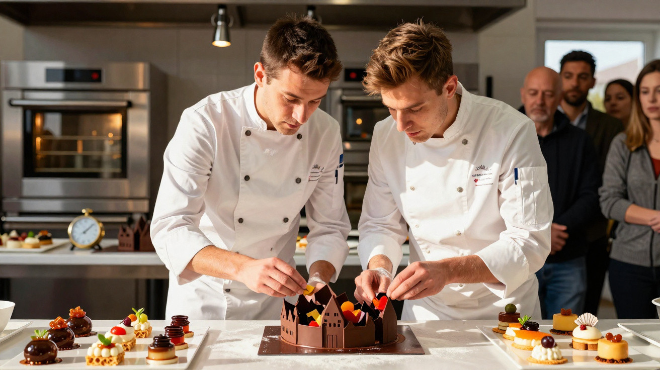 Dois chefes de pastelaria decoram uma sobremesa em competição, com vários doces à volta e público a observar.