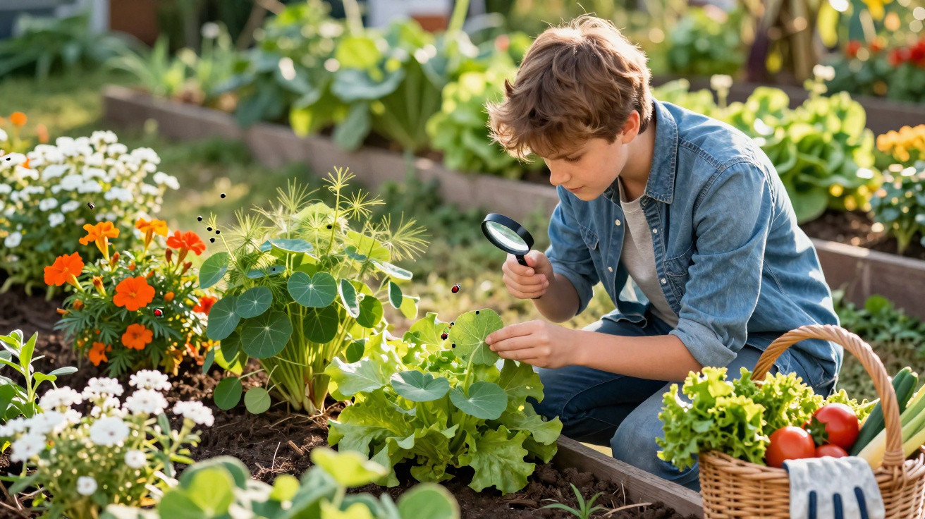Menino examina plantas com lupa num jardim com várias flores e legumes frescos numa cesta ao lado.