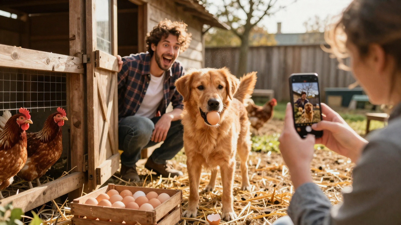 Cão amarelo com ovo na boca, homem alegre junto a galinheiro, mulher fotografa com telemóvel no quintal.