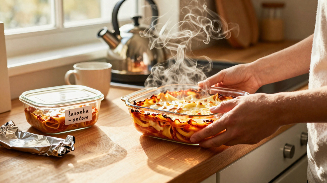 Mãos seguram travessa de lasanha fumegante numa bancada de cozinha com outra lasanha guardada e chávena ao lado.