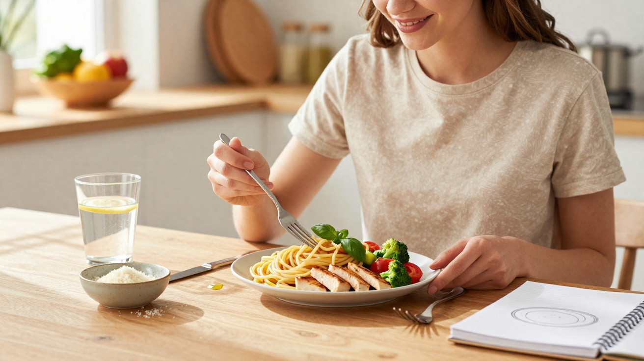 Mulher sorridente a comer prato com esparguete, frango e legumes numa cozinha luminosa.