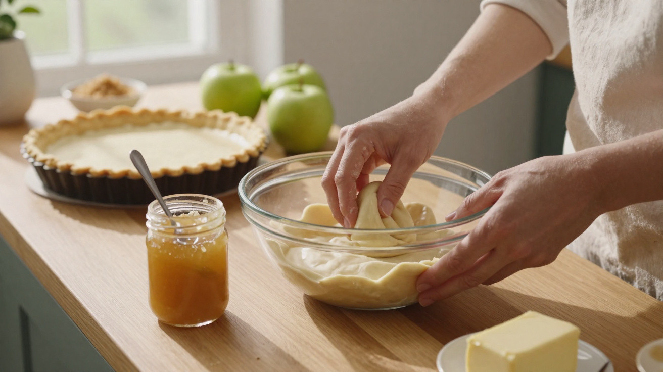 Mãos a preparar massa numa taça de vidro numa cozinha com ingredientes para tarte de maçã.