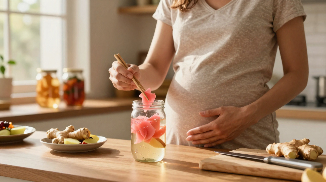 Mulher grávida a preparar infusão com gengibre e ingredientes rosa numa jarra na cozinha iluminada.