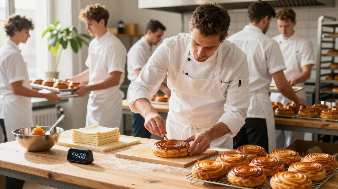 Jovem pasteleiro decora bolo em formato circular numa cozinha profissional com mais colegas a trabalhar ao fundo.