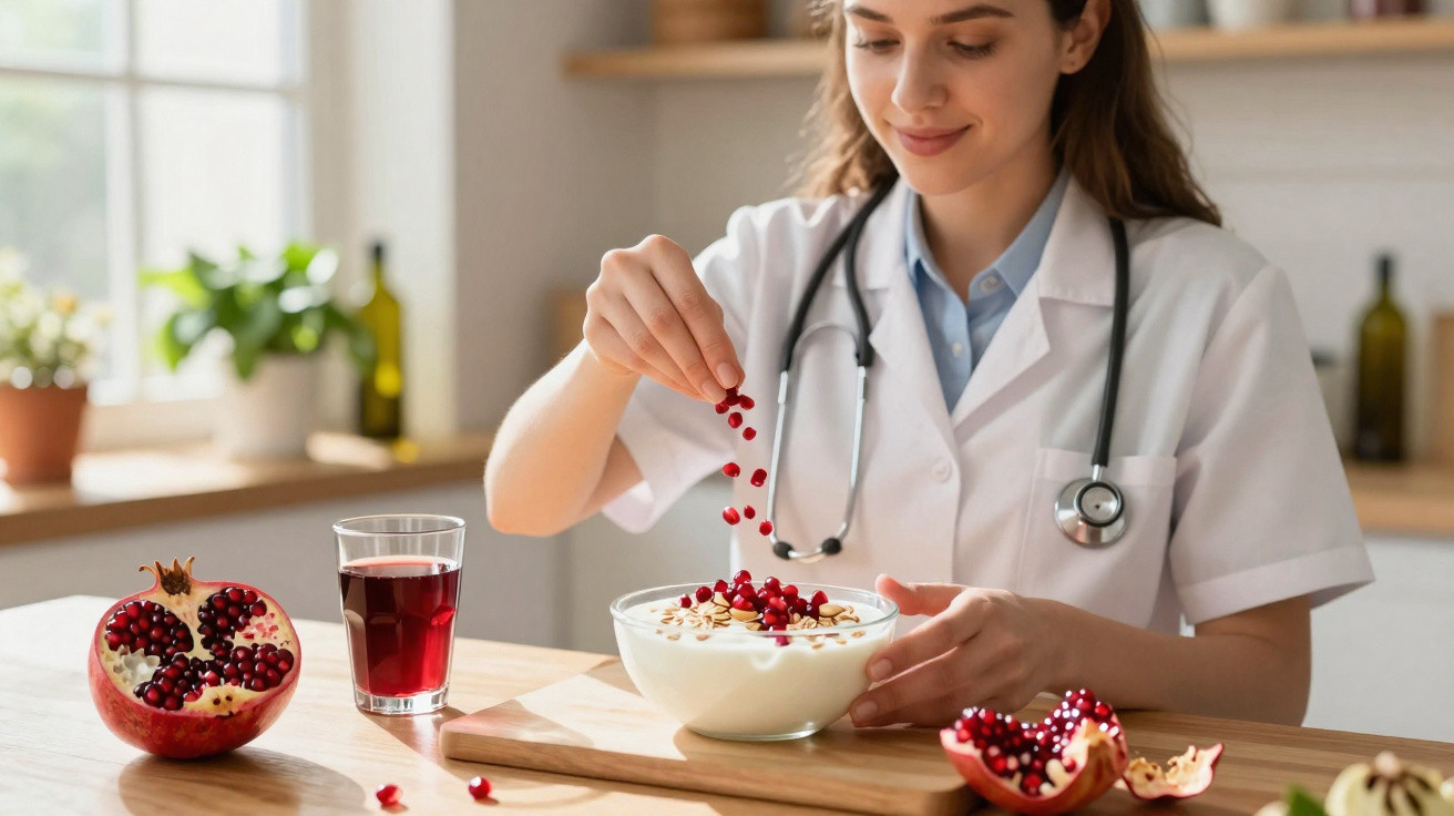 Nutricionista a adicionar sementes de romã a iogurte num ambiente luminoso de cozinha.