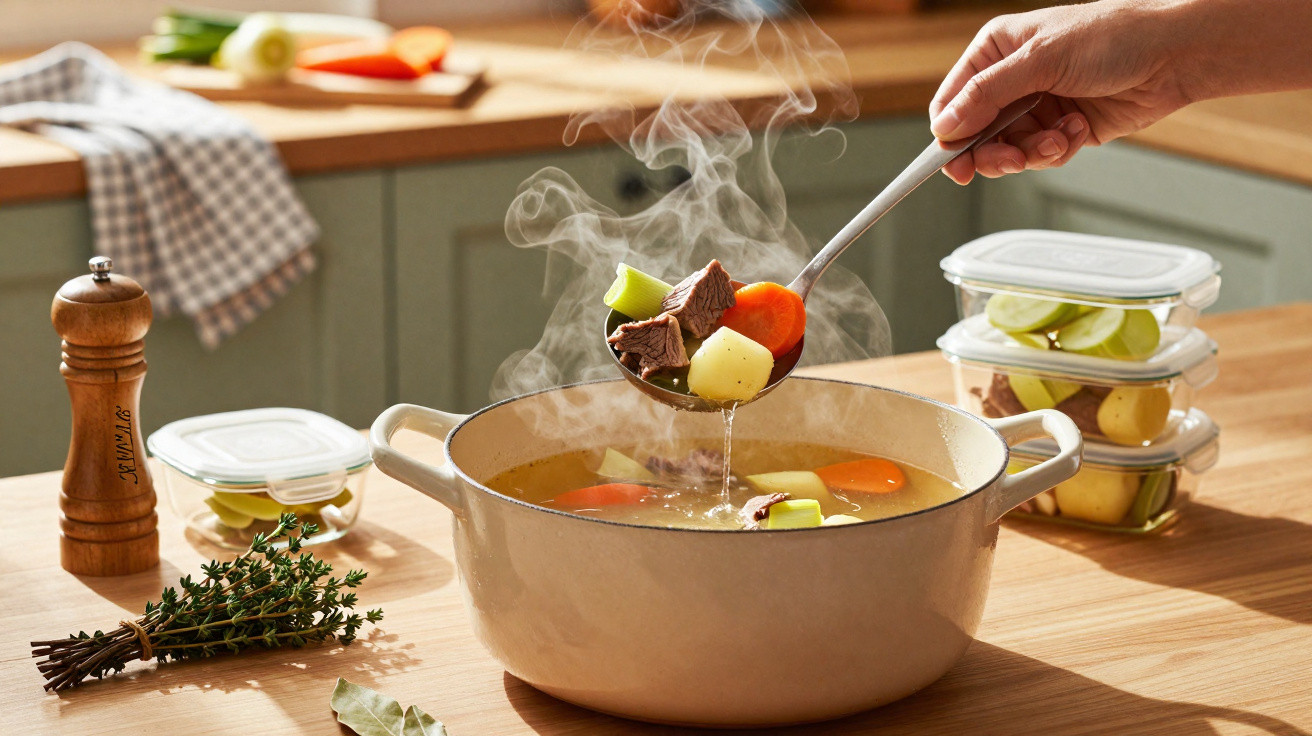 Sopa quente com legumes e carne numa panela branca num ambiente de cozinha acolhedora.