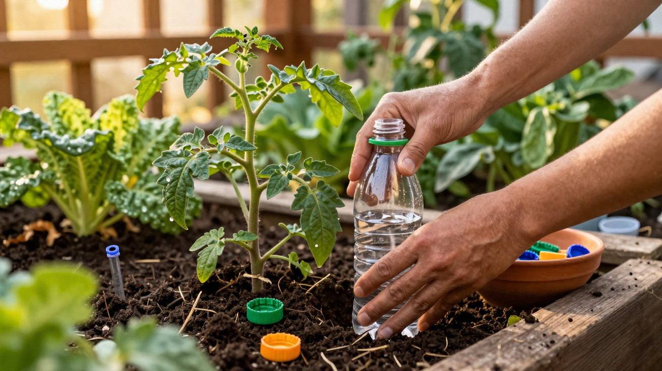 Mãos a regar uma planta numa horta, com garrafa de plástico reutilizada e tampas coloridas no solo.