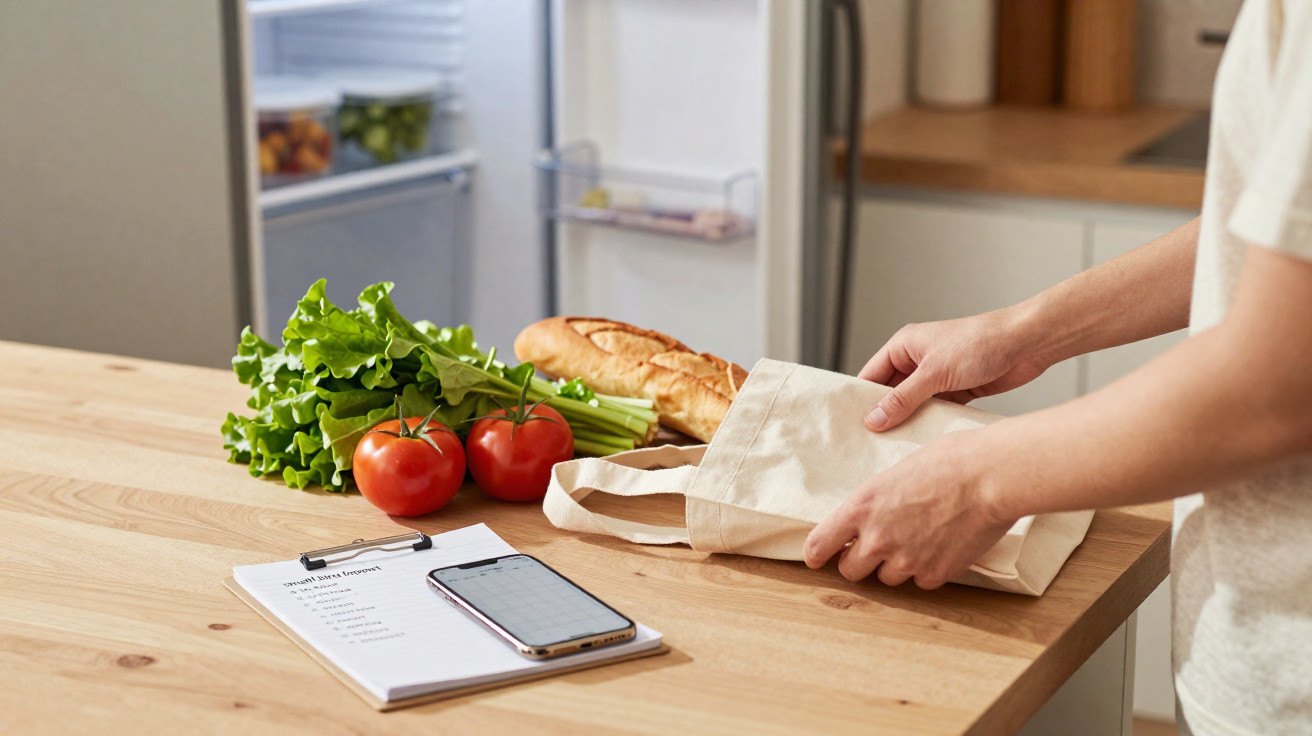 Pessoa a guardar legumes e pão numa mesa de cozinha com lista de compras e telemóvel.