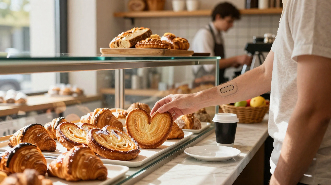 Pessoa a escolher pastelaria num balcão de padaria com croissants e folhados variados.