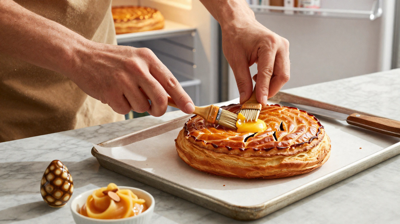 Mãos a pincelar uma gema no centro de uma galette des rois dourada numa tabuleiro de forno.