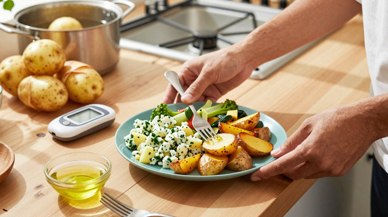 Mãos seguram prato com batatas assadas, couve-flor, brócolos e óleo numa cozinha com medidor de glicemia.