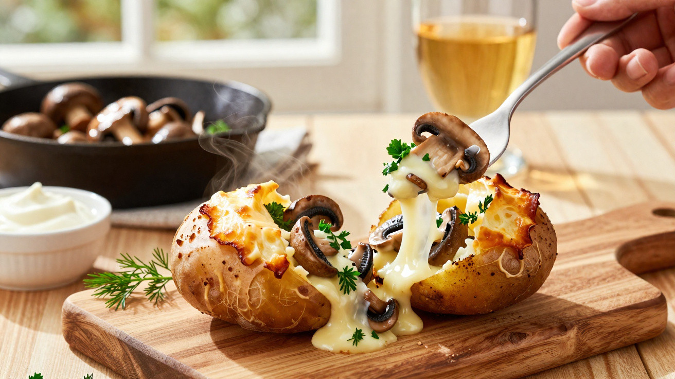 Batata assada partida ao meio com queijo derretido e cogumelos, decorada com ervas frescas e maionese.