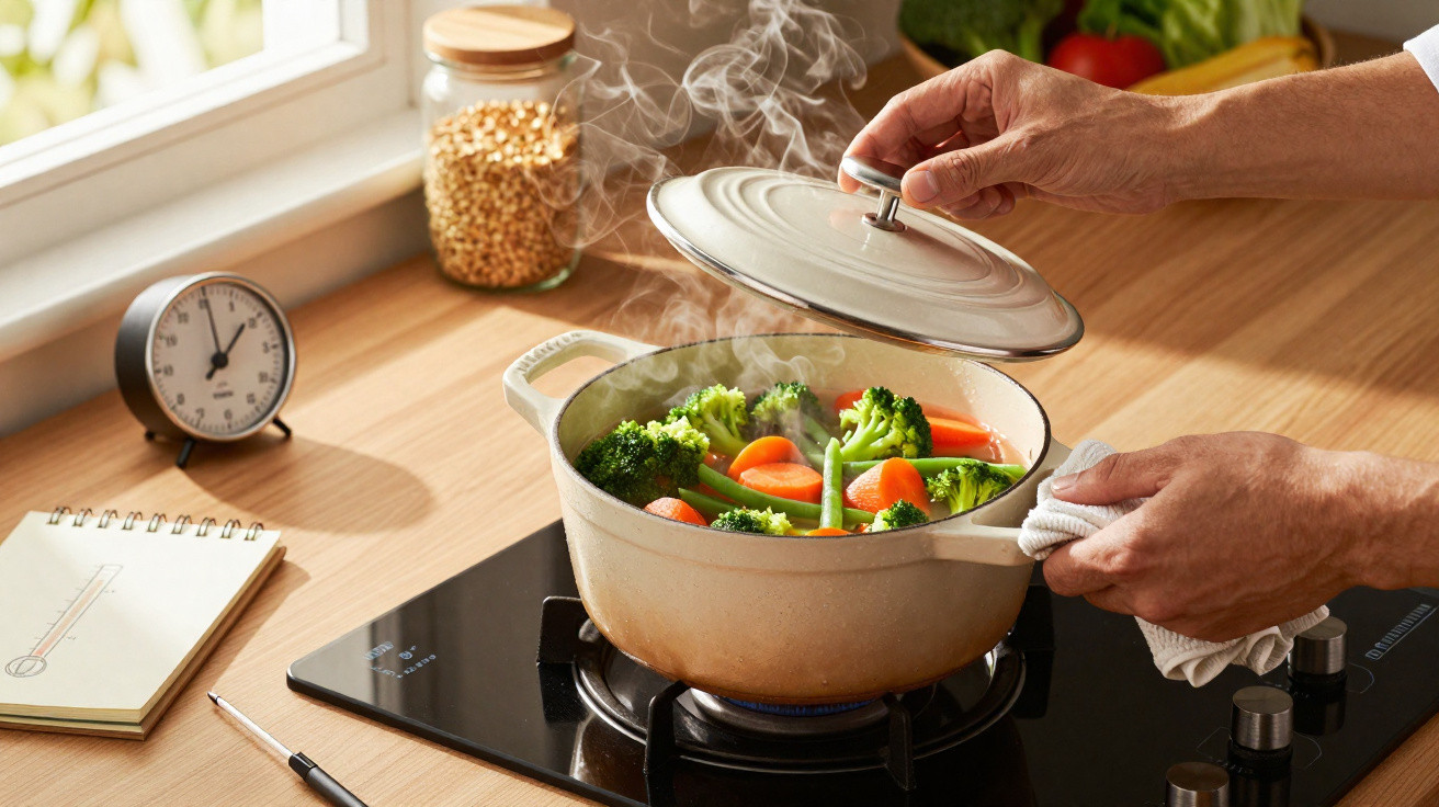 Mãos a levantar tampa de panela com legumes a cozinhar a vapor no fogão numa cozinha luminosa.