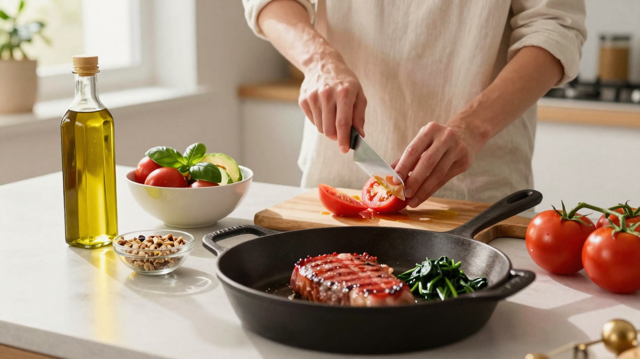 Pessoa a cortar tomate numa tábua, junto a tacho com bife e legumes numa cozinha iluminada.