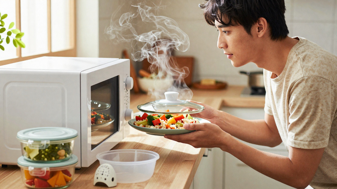 Homem retira prato fumegante de legumes do micro-ondas numa cozinha moderna.