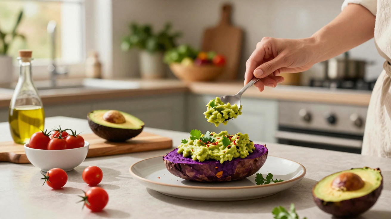 Pessoa a colocar guacamole numa batata-doce roxa partida ao meio numa cozinha iluminada.