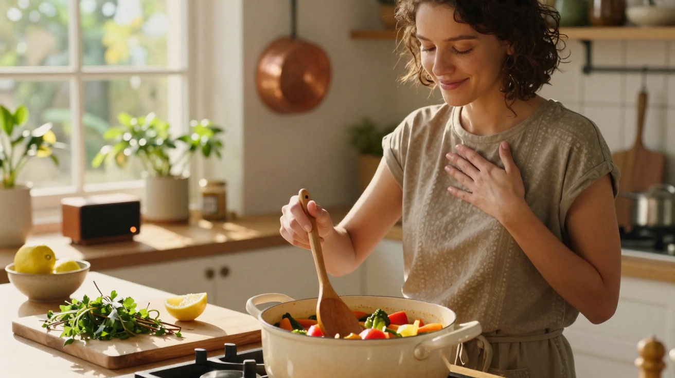 Mulher sorridente a cozinhar legumes numa panela numa cozinha luminosa e acolhedora.